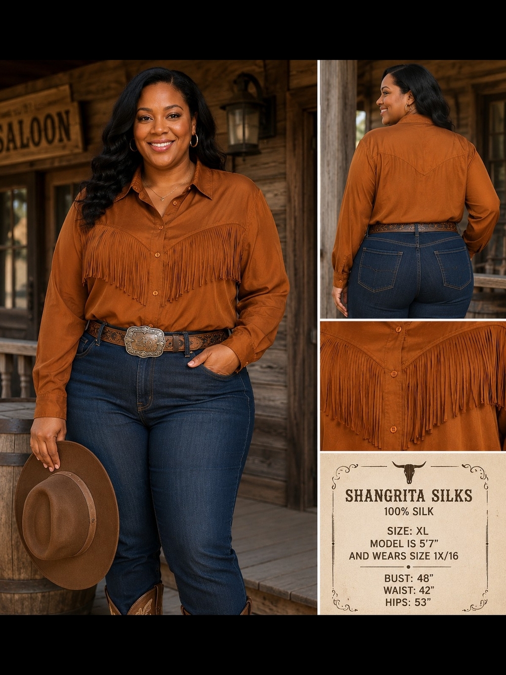 Shangrita Silks Fringe Western Blouse XL 100% Silk Rust Brown